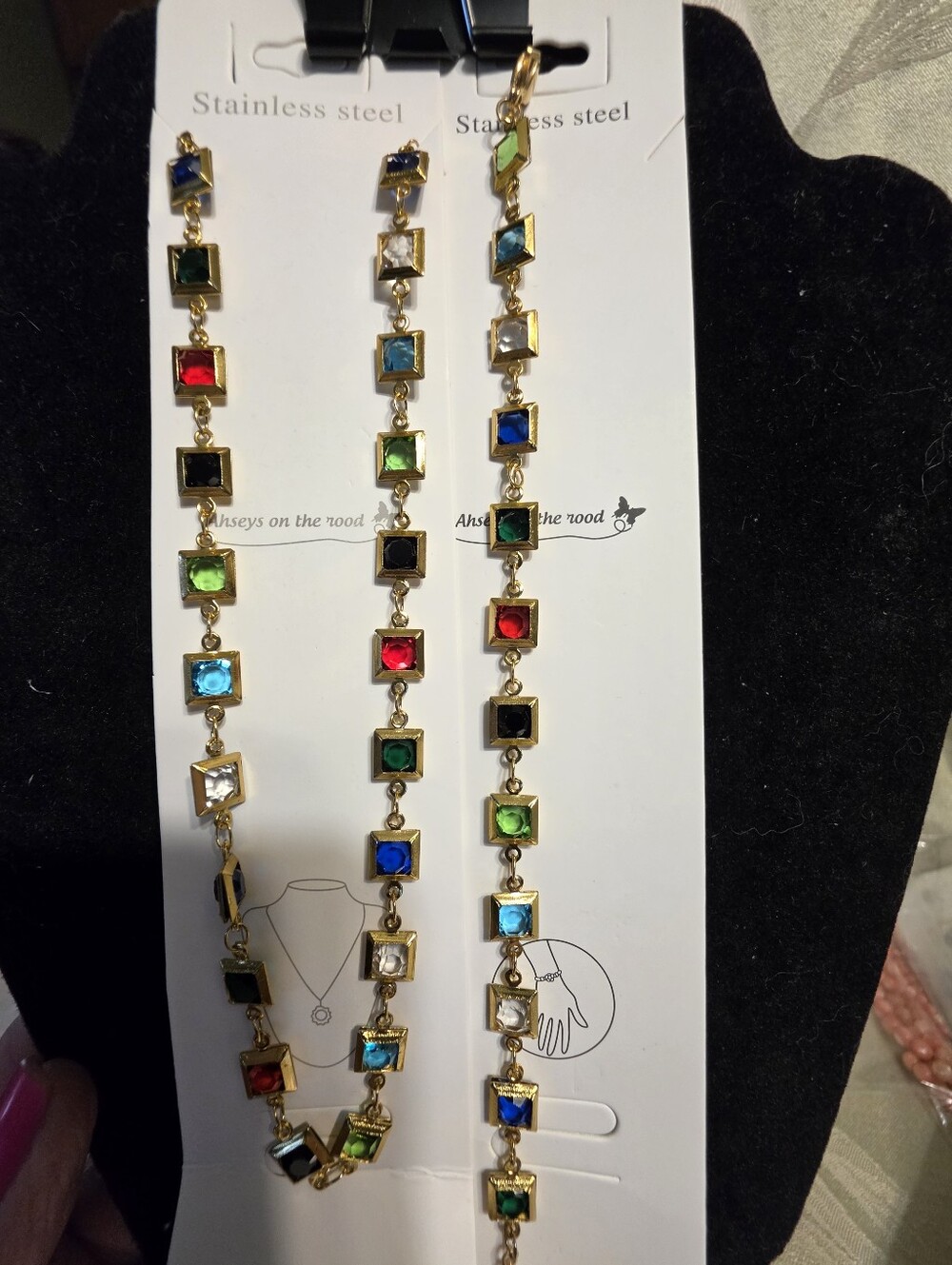 #1448. Gold Multi-Color Square Crystal Bracelet and Necklace Set